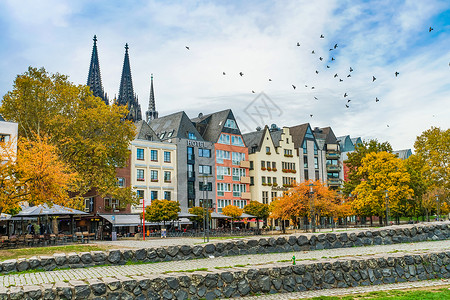 秋天框科隆许多彩豪宅和德国科隆背景