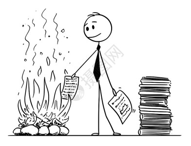 店员聘用合同烧毁文件的火柴人卡通矢量插图插画