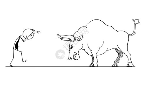 卡通棍棒手在概念上插图商人挑动大公牛作为不断上涨的市场价格象征图片
