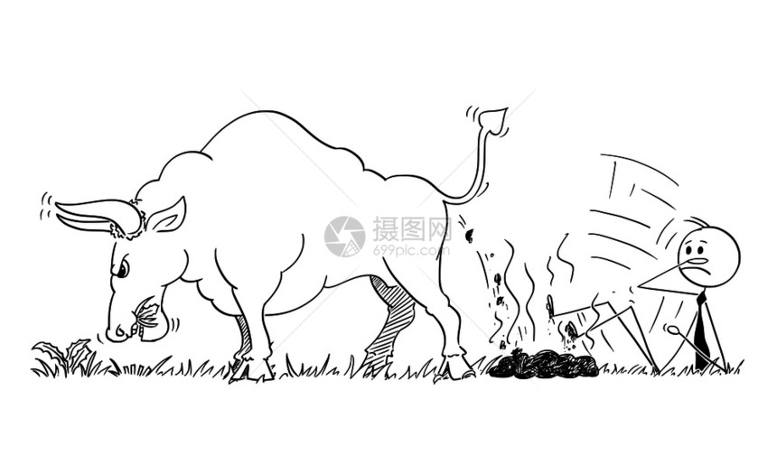 卡通棍棒人绘制商的概念插图在粪便或牛上滑倒作为不断上涨的市场价格象征图片