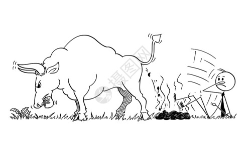 拍拍卡通棍棒人绘制商的概念插图在粪便或牛上滑倒作为不断上涨的市场价格象征插画
