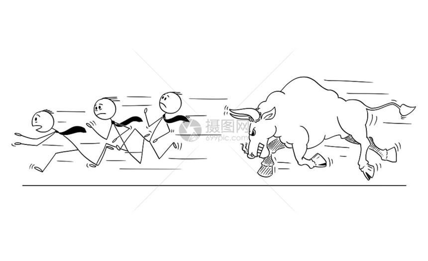 卡通棍子在概念上展示一群商人逃离愤怒的公牛而成为不断上涨的市场价格象征图片