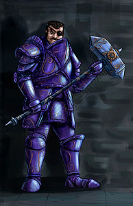 概念艺术数字绘画或用大锤装满板盔甲的一只盲目幻想战士骑的插图图片