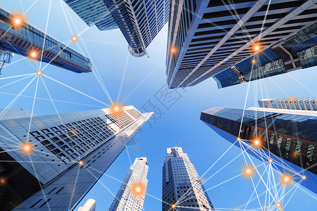 技术体系新加坡市建筑摩天大楼蓝色空的数字网络连线路背景