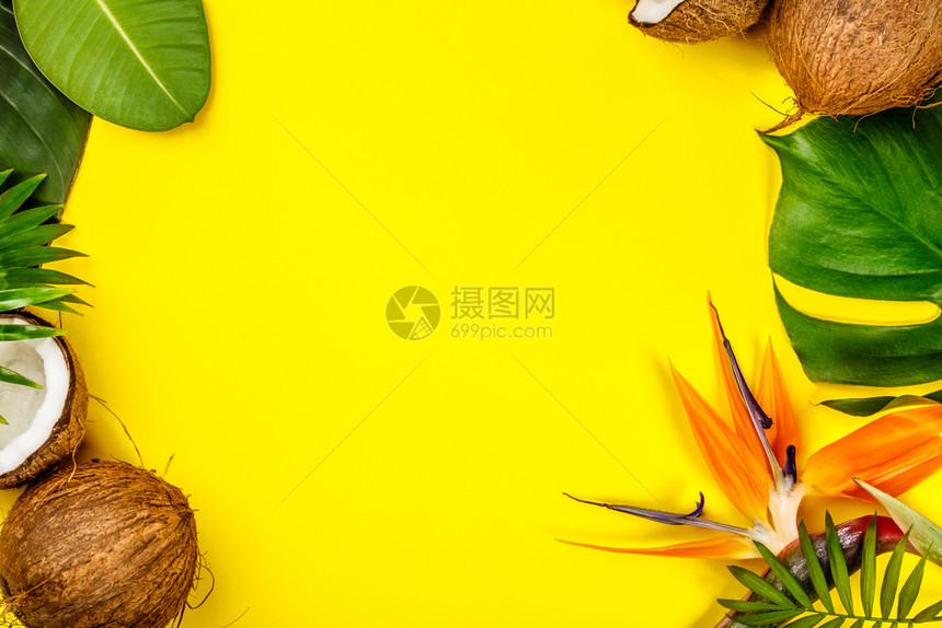 黄背景的椰子和热带叶复制空间平地图片