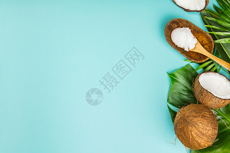 椰子树叶椰子油热带叶和新鲜椰子平地健康生活概念背景