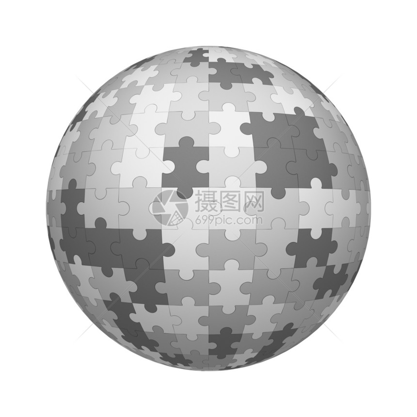 Grayjigsaw拼图块案纹理在球或形状上与白背景隔离模拟设计3d抽象插图图片