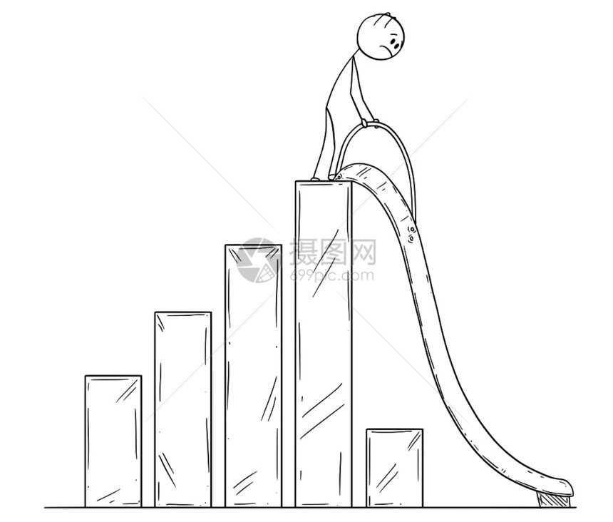 卡通棍棒人绘制商在以幻灯片或滑槽结尾的下跌金融图表上所持立场的概念说明危机或破产的比喻以幻灯片或丘特结尾的跌落金融图表上商人卡通图片