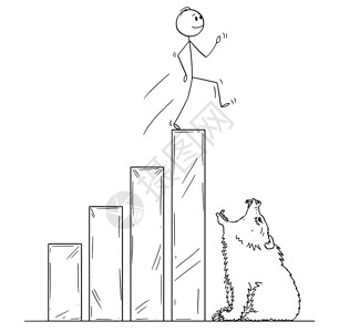 经济衰退卡通棍人描绘了商在提高金融图表时快乐而无准备地走在以熊的开放嘴结束提高金融图表上的概念熊市场和危机的比喻熊的开放嘴结束商人在提高插画