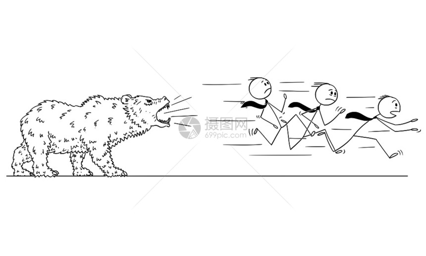 卡通木棍人绘制了一群商从咆哮的熊跑出来概念说明落下熊的市场概念图片