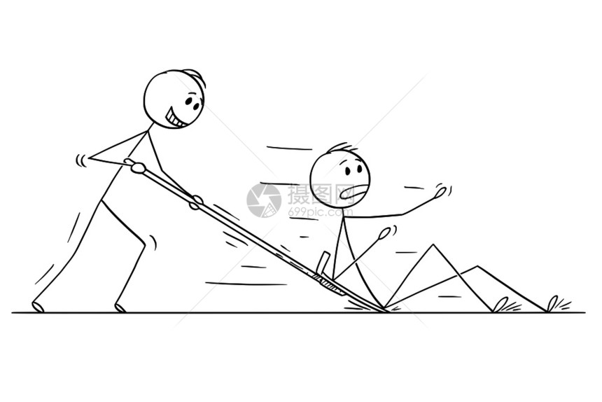 卡通棍子绘制男人或商的概念插图用雪推器或铲子着另一个人或竞争对手用雪推器或铲子着另一个人或竞争对手图片