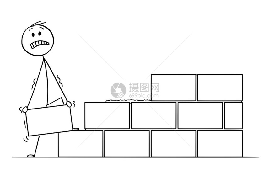 刻画用砖块或建墙的或建墙的木匠或砖块建墙概念插图的木板图片