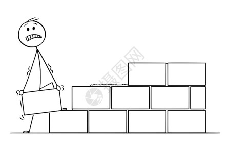 块人一步刻画用砖块或建墙的或建墙的木匠或砖块建墙概念插图的木板插画