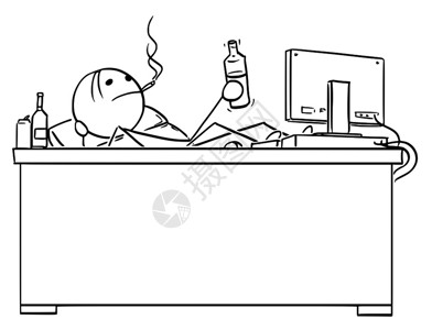 醉醺醺的卡通棍描述商人经理或程序设计员坐在办公桌后手持双腿抽烟喝瓶装酒工作松懈概念插画