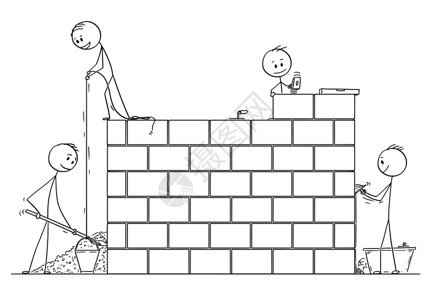 块人一步用木砖块或石壁房屋的砖匠群构筑墙壁或房屋的概念图解插画