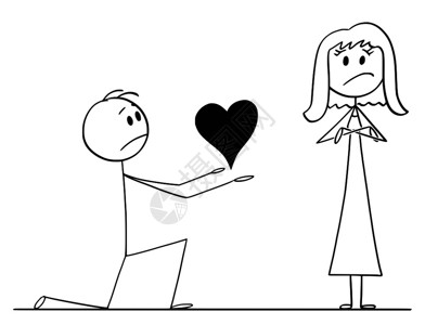 单膝求婚卡通棍在概念上描绘男人跪在膝盖上给他深爱的女人以大心但她拒绝了他的求婚插画