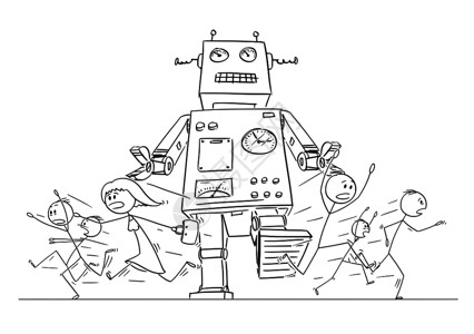 机器人跑步被机器人抓住的火柴人们卡通矢量插图插画