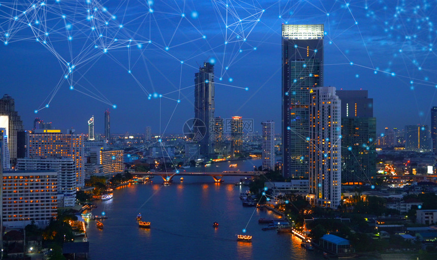 Sathorn与ChaoPphraya河的数码网络连接线路泰国曼谷市中心泰国曼谷金融区和智能技术城市商业中心图片
