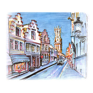 比利时布鲁日的中世纪童话城街道和贝尔福特塔街道和贝尔福特塔的景象城市图片