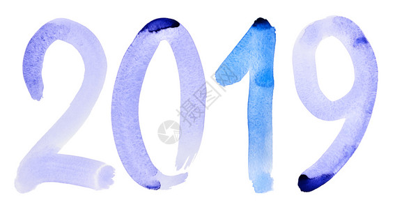 新年2019手画蓝水彩色数字在白背景上分离图片