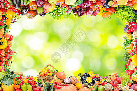 以抽象模糊植物背景为抽象模糊植物背景的水果和蔬菜框架背景图片