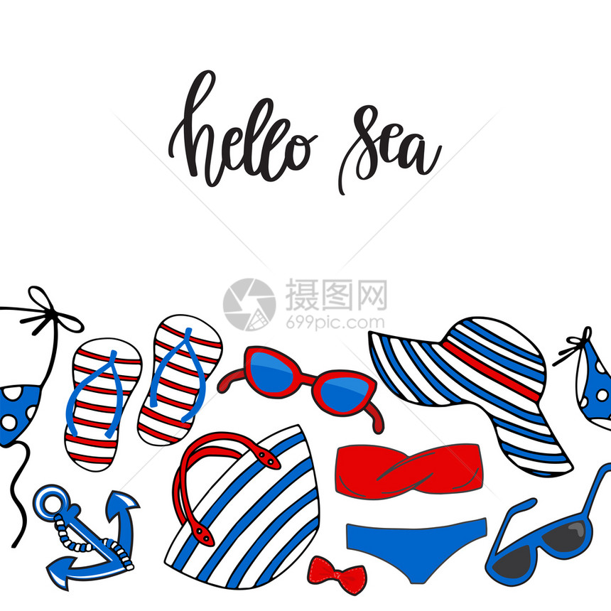 你好海边字母卡的背景带海边附件的矢量文字以海边风格女夏季比基尼泳衣包太阳镜翻转滑杆白底帽蓝色和红海边饰物以的风格女夏季比基尼泳衣图片