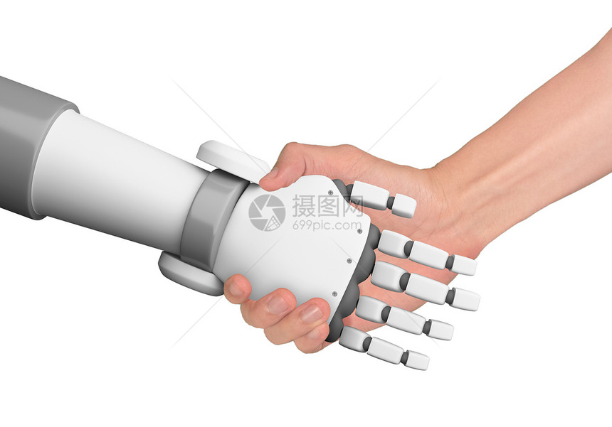 人类和机器在白色背景工智能AI未来数字技术和商业概念中与空间握手图片
