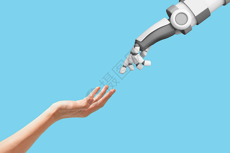 人类手和机器蓝色背景空间人工智能AI未来数字技术和商业概念3d插图图片