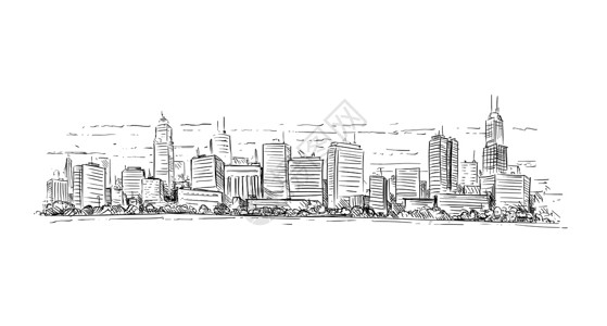 建筑素描素材艺术素描笔和墨水绘画图解通用城市高升风景和摩天大楼通用城市高升风景和Skyscraper大楼的艺术绘图说明背景