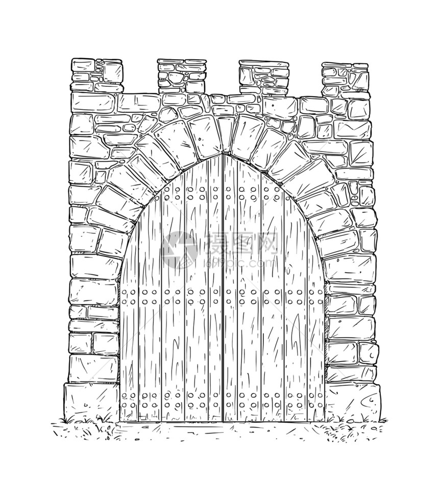 由WoodenDoor关闭的石头中世纪决定门的卡通图片