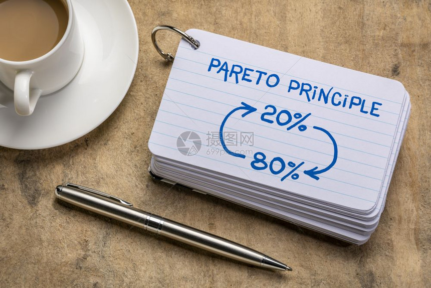 Pareto802原则概念一组索引卡片的草图配有咖啡和笔图片