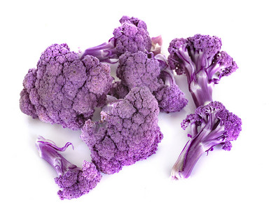 白色背景面前的紫花椰菜卷心图片