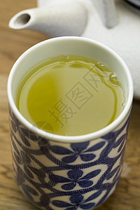 杯日本绿茶和背景中的壶一起喝完图片