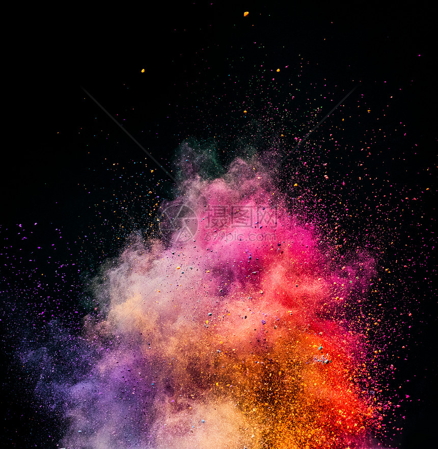 全息粉在黑背景上爆炸彩色节日复制空间图片