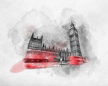 伦敦的水彩画英国红色巴士在动大本威斯敏特宫红色巴士在英国伦敦的水彩画图片