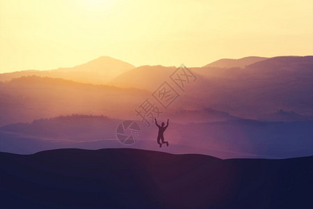 兴奋的人在山上欢乐跳跃幸福和胜利自由3D插图图片