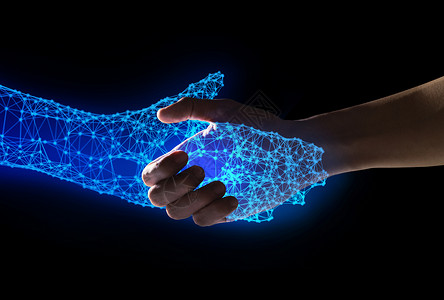 AI符号素材人类和机器在蓝背景工智能AI未来数字技术和商业概念中与空间握手3d插图背景