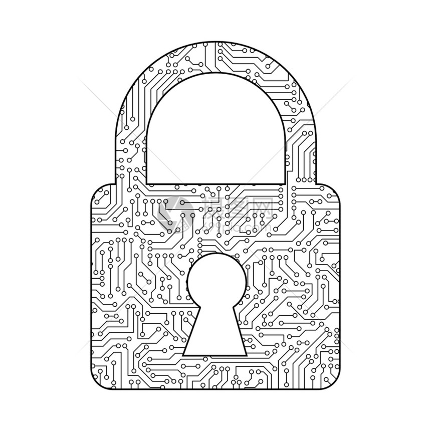 在数字据代码和安全技术概念中保护有电路板图案纹理的白色背景密码安全锁定图标图片