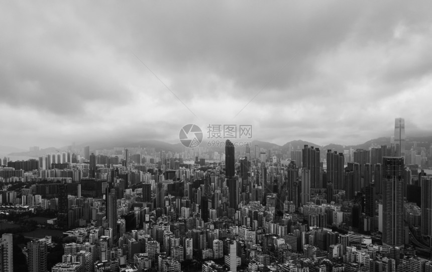 香港公寓在市景背ShamShuiPo区建筑物亚洲智能城市住宅区等地的空中景象黑色和白图像图片