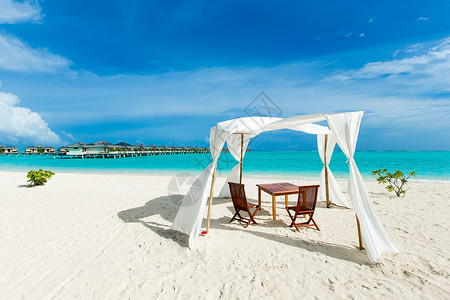马尔代夫热带海滩棕榈树和蓝环礁湖很少高清图片