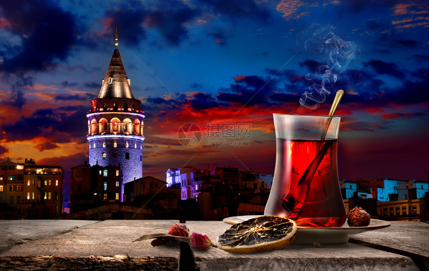 茶叶与加拉塔土耳其伊斯坦布尔图片