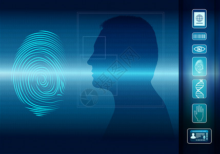 指纹头识别个人身份的生物测定电子系统指纹扫描人的脸在剖面光影中图标Ideyebarcodednapassport背景
