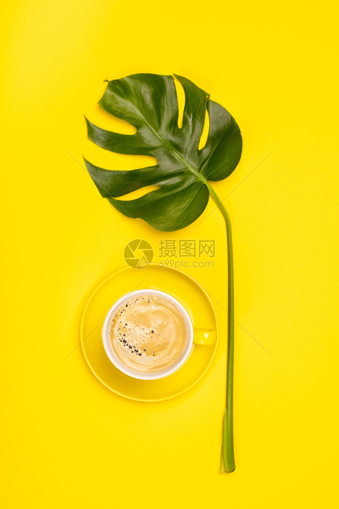 具有创意的公寓铺设着咖啡杯和黄色背景的热带植物图片
