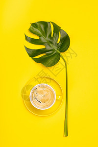 具有创意的公寓铺设着咖啡杯和黄色背景的热带植物图片