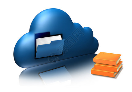 蓝色文件夹文件存储带夹和书籍的蓝云3D显示在白色上孤立的计算机图标云计算概念背景