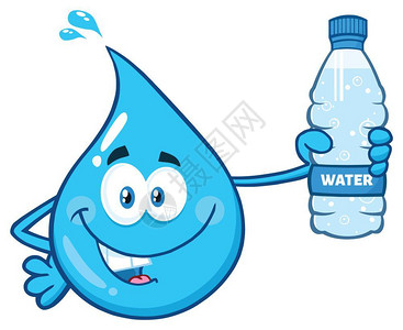 特尔拥有瓶装水的卡通拟人水滴插画