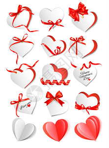 心与丝带一套带有红礼弓和心的品卡情人节日矢量插图插画