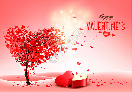 Valent日假背景带有心脏形状树和红色魔盒爱的概念矢量图片