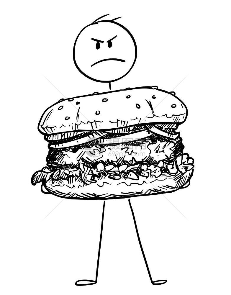 卡通棍图描绘愤怒男子拿着大汉堡或的概念说明图片