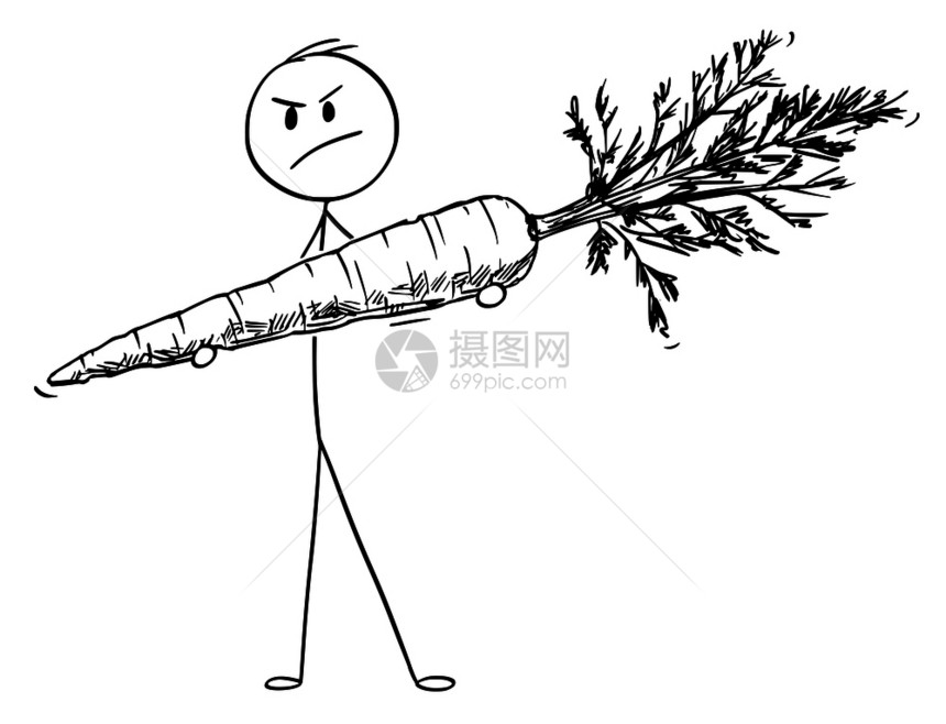 卡通棒图解愤怒男子拿着大胡萝卜蔬菜的概念插图图片